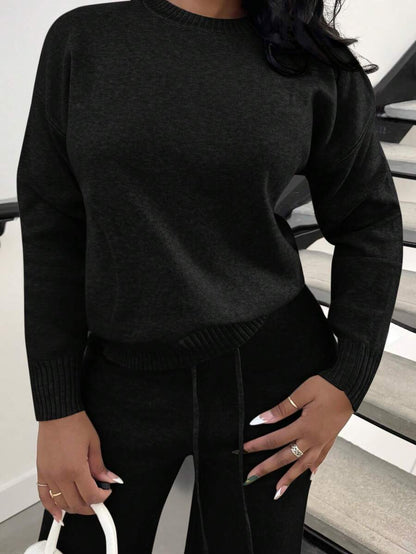 Celestine Crew Neck Dolman Sleeve Sweater and Wide Leg Knit Pants Set - Black