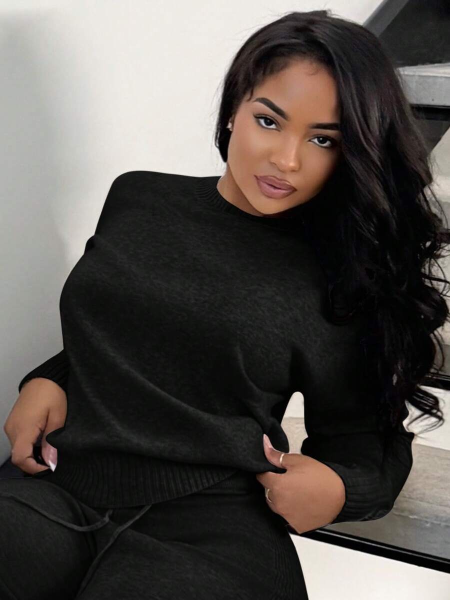 Celestine Crew Neck Dolman Sleeve Sweater and Wide Leg Knit Pants Set - Black