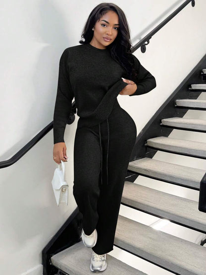 Celestine Crew Neck Dolman Sleeve Sweater and Wide Leg Knit Pants Set - Black