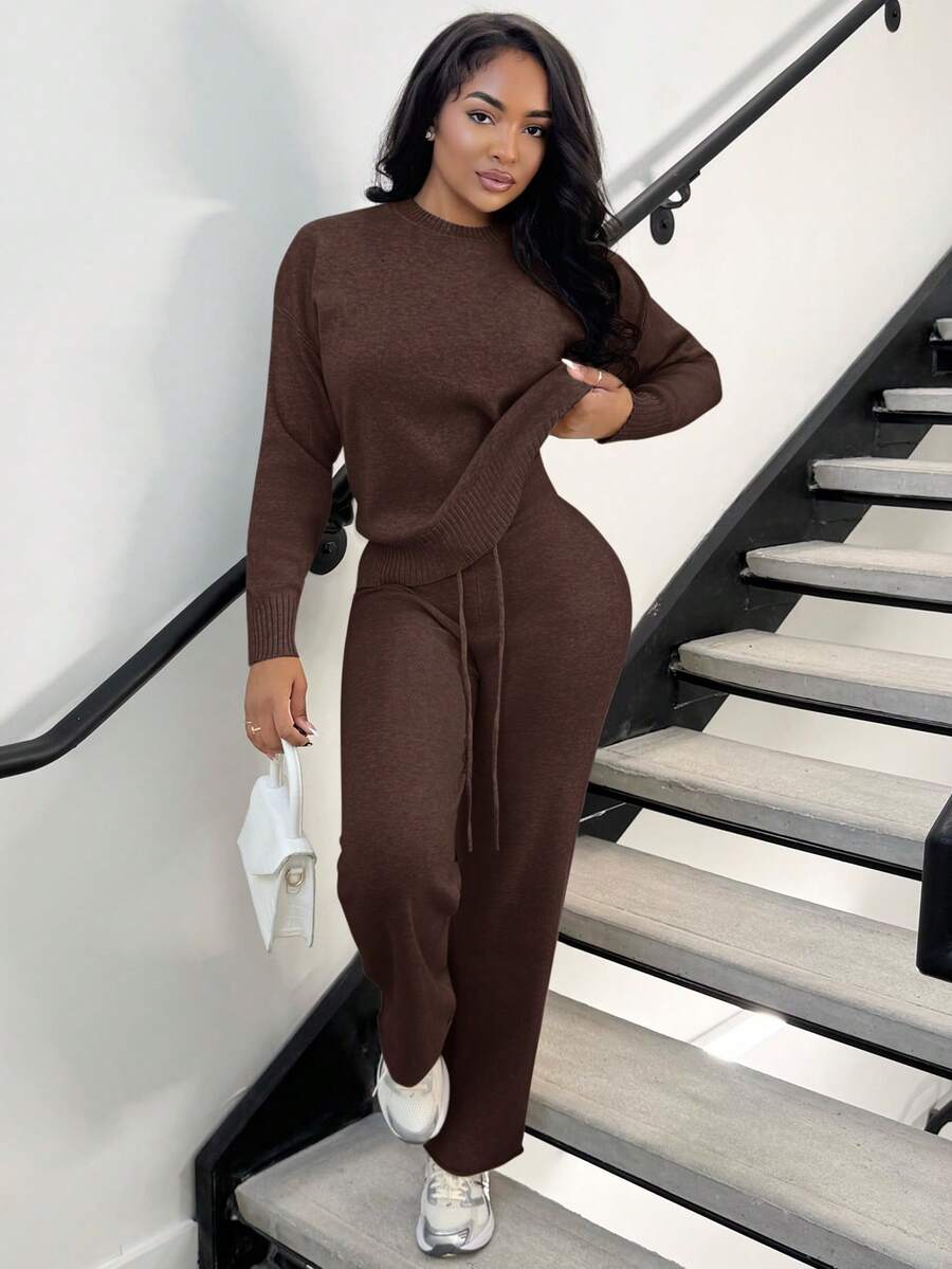 Celestine Crew Neck Dolman Sleeve Sweater and Wide Leg Knit Pants Set - Coffee Brown