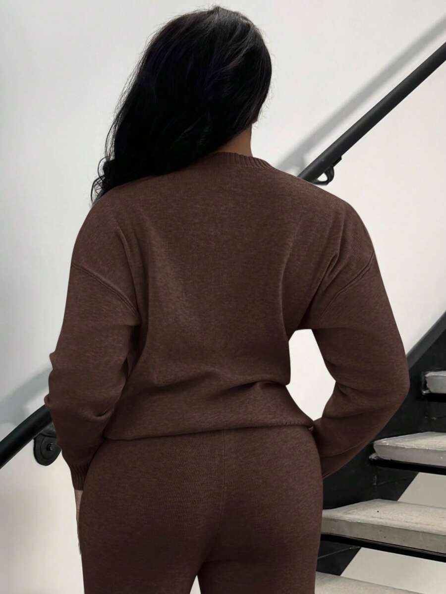 Celestine Crew Neck Dolman Sleeve Sweater and Wide Leg Knit Pants Set - Coffee Brown