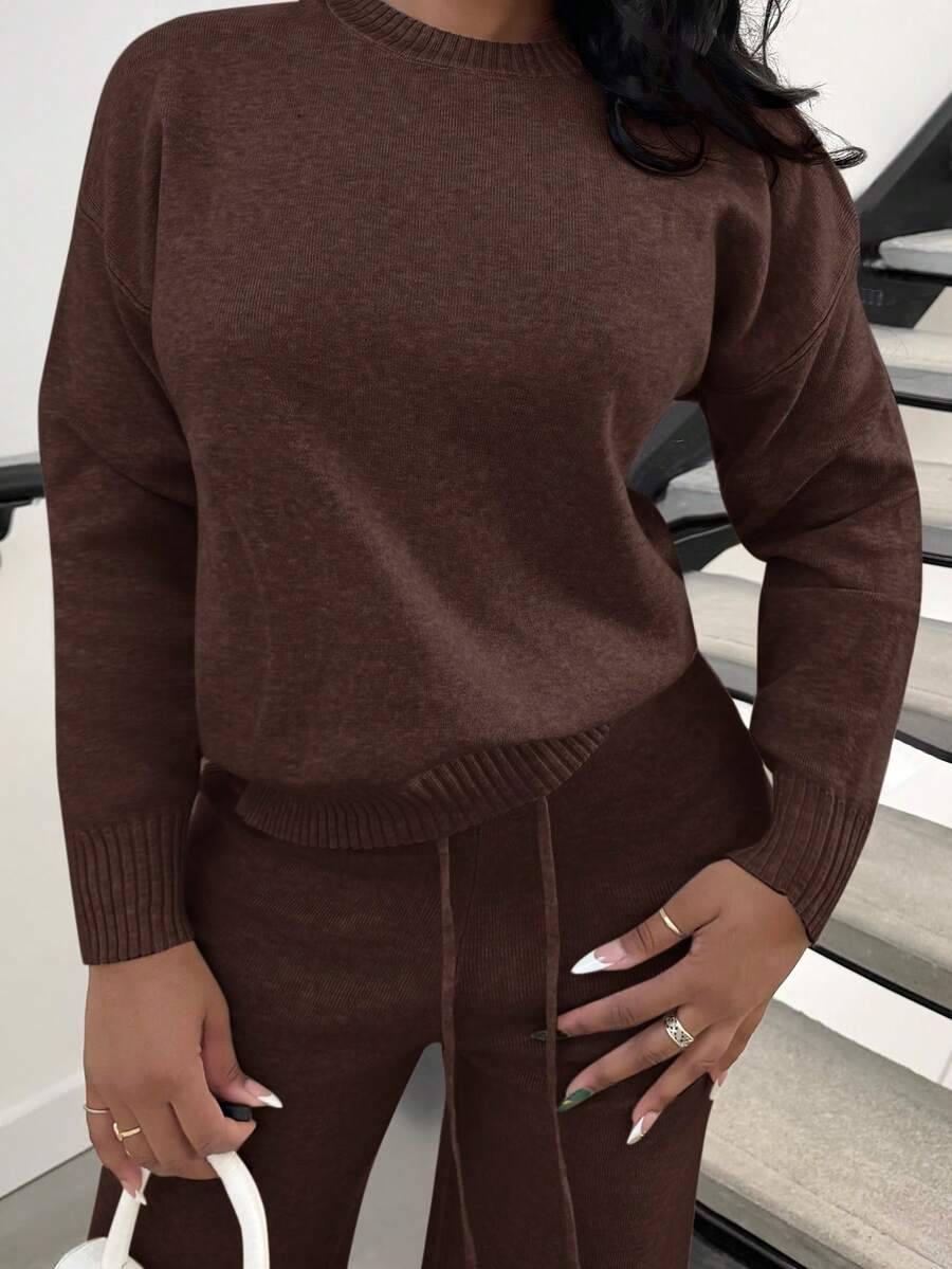 Celestine Crew Neck Dolman Sleeve Sweater and Wide Leg Knit Pants Set - Coffee Brown