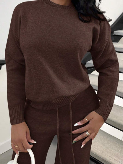 Celestine Crew Neck Dolman Sleeve Sweater and Wide Leg Knit Pants Set - Coffee Brown