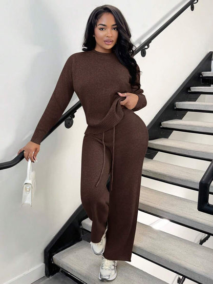 Celestine Crew Neck Dolman Sleeve Sweater and Wide Leg Knit Pants Set - Coffee Brown