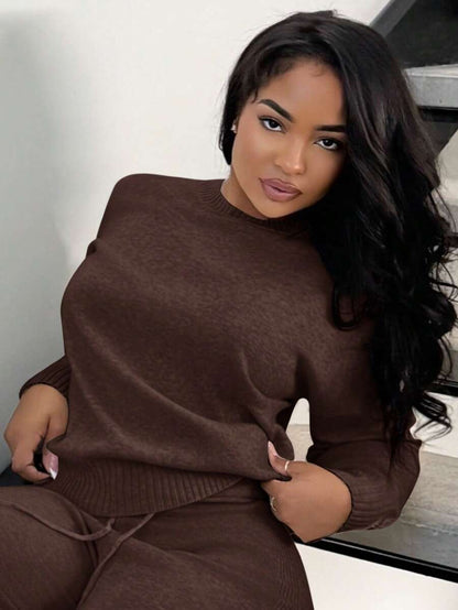 Celestine Crew Neck Dolman Sleeve Sweater and Wide Leg Knit Pants Set - Coffee Brown
