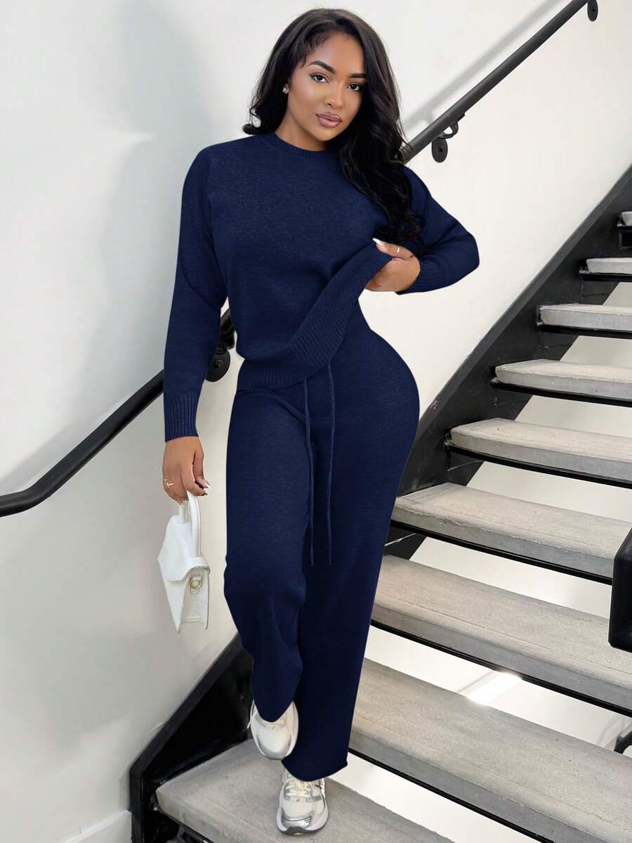 Celestine Crew Neck Dolman Sleeve Sweater and Wide Leg Knit Pants Set - Navy Blue