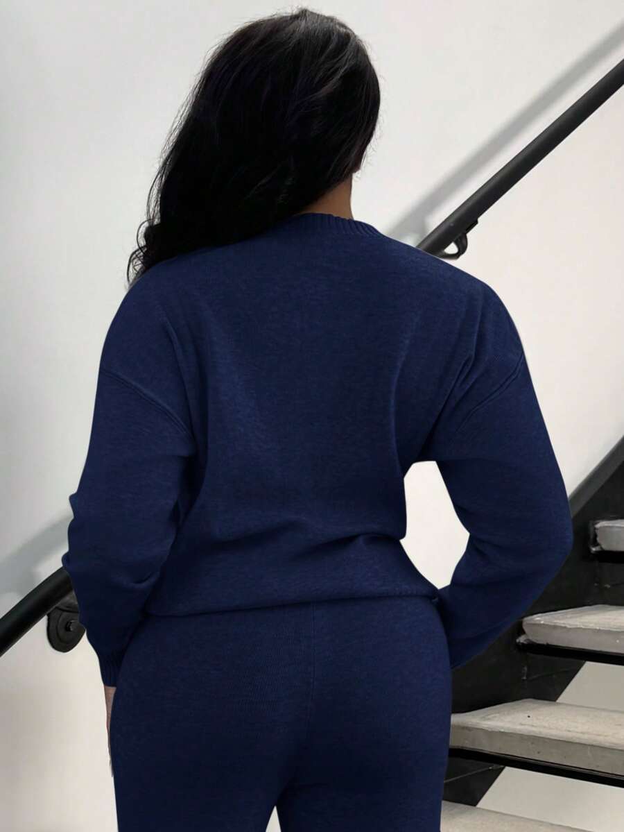 Celestine Crew Neck Dolman Sleeve Sweater and Wide Leg Knit Pants Set - Navy Blue