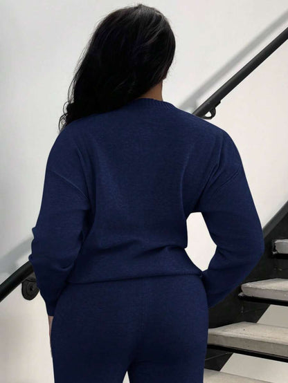Celestine Crew Neck Dolman Sleeve Sweater and Wide Leg Knit Pants Set - Navy Blue