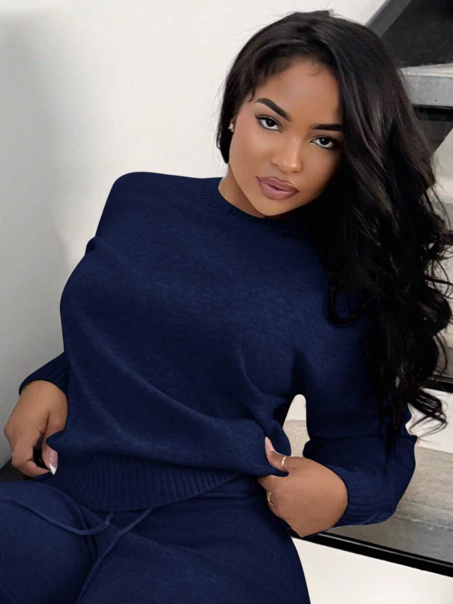 Celestine Crew Neck Dolman Sleeve Sweater and Wide Leg Knit Pants Set - Navy Blue
