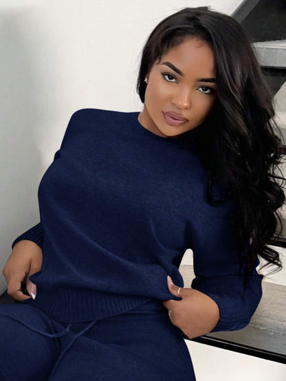 Celestine Crew Neck Dolman Sleeve Sweater and Wide Leg Knit Pants Set - Navy Blue