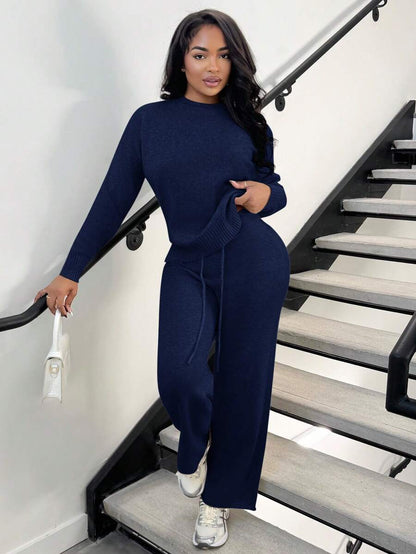 Celestine Crew Neck Dolman Sleeve Sweater and Wide Leg Knit Pants Set - Navy Blue