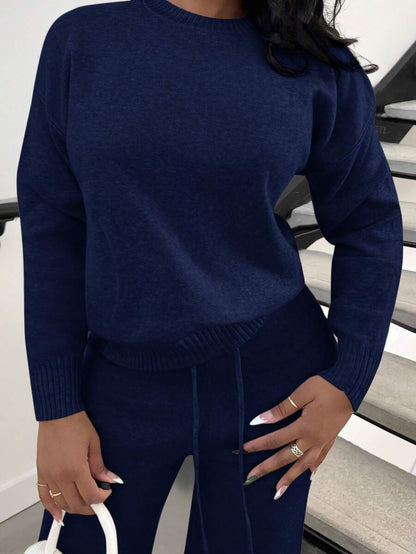 Celestine Crew Neck Dolman Sleeve Sweater and Wide Leg Knit Pants Set - Navy Blue