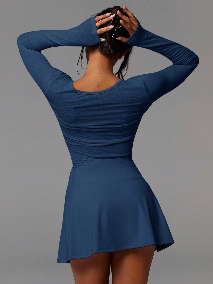 Lisette Ribbed Wrap Tie Deep V-Neck Long Sleeve Crop Top - Steel Blue