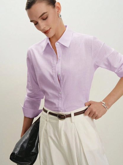Arabella Classic Collared Button Down Long Sleeve Cotton Shirt - Lilac