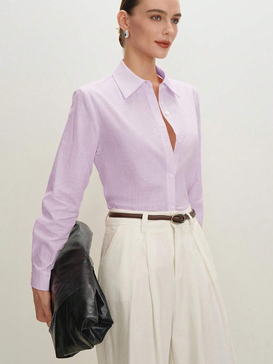 Arabella Classic Collared Button Down Long Sleeve Cotton Shirt - Lilac