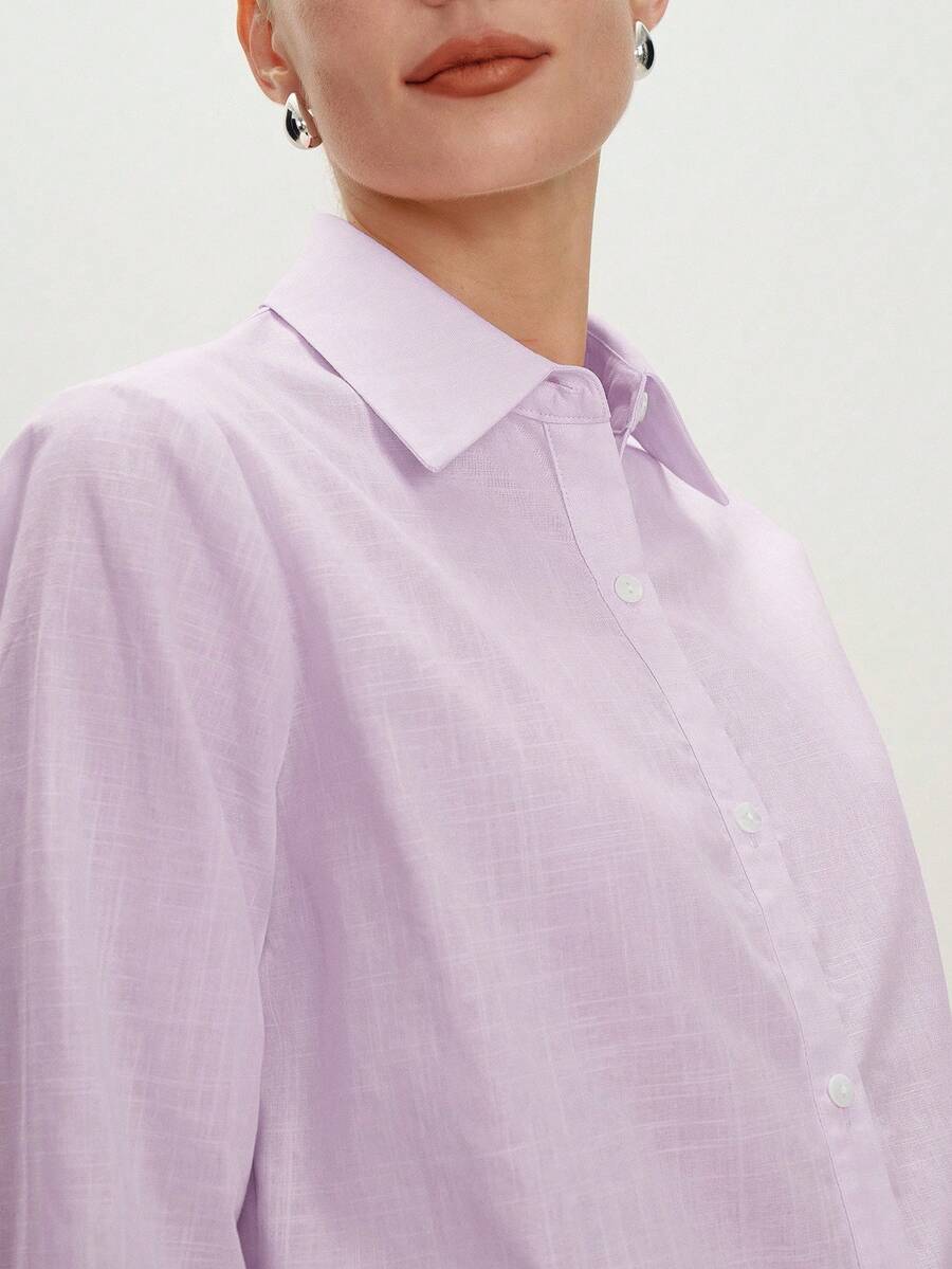 Arabella Classic Collared Button Down Long Sleeve Cotton Shirt - Lilac