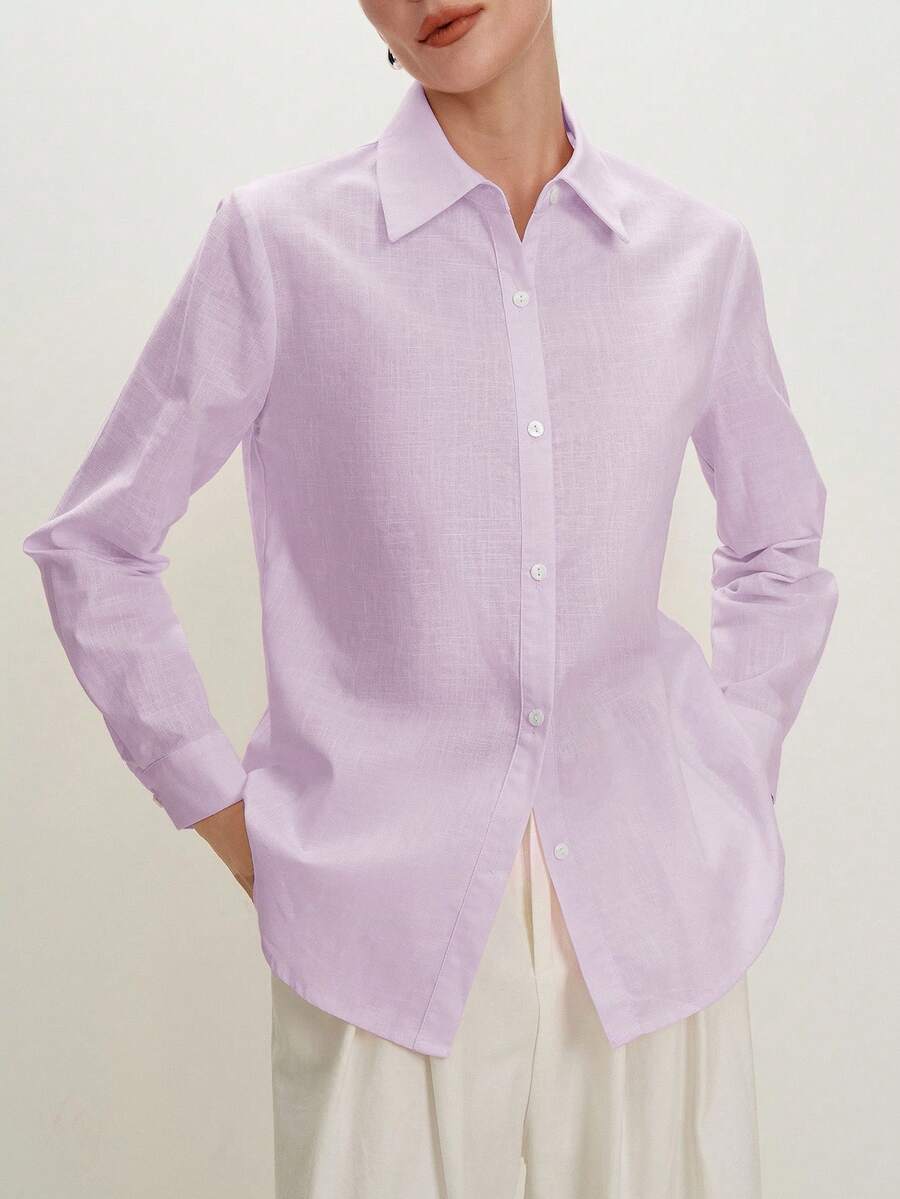 Arabella Classic Collared Button Down Long Sleeve Cotton Shirt - Lilac