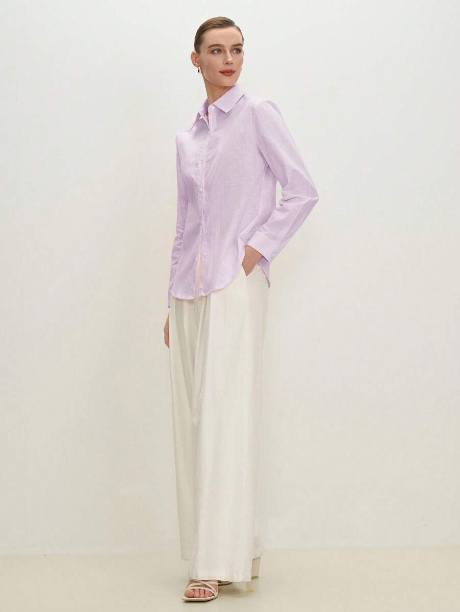 Arabella Classic Collared Button Down Long Sleeve Cotton Shirt - Lilac