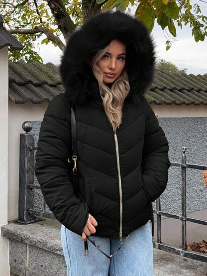 Briar Fuzzy Panel Hooded Puffer Coat with Zip Front - Black