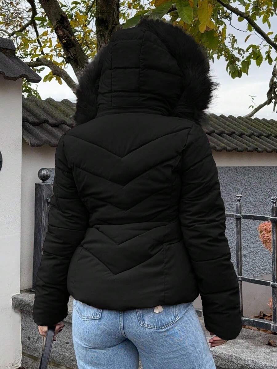 Briar Fuzzy Panel Hooded Puffer Coat with Zip Front - Black