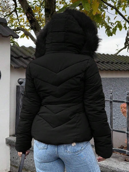 Briar Fuzzy Panel Hooded Puffer Coat with Zip Front - Black
