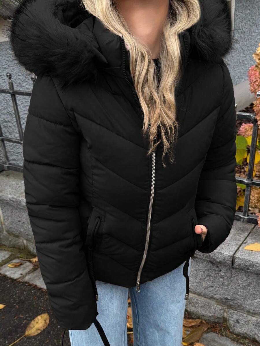 Briar Fuzzy Panel Hooded Puffer Coat with Zip Front - Black