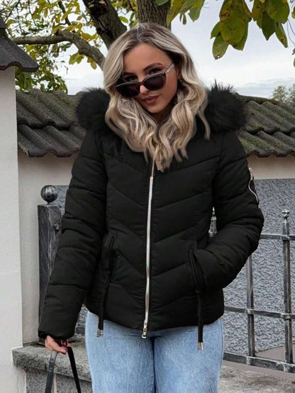 Briar Fuzzy Panel Hooded Puffer Coat with Zip Front - Black