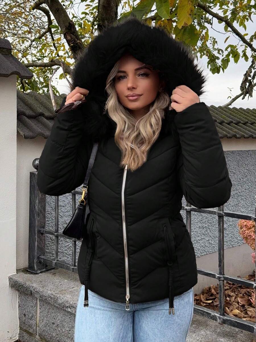 Briar Fuzzy Panel Hooded Puffer Coat with Zip Front - Black
