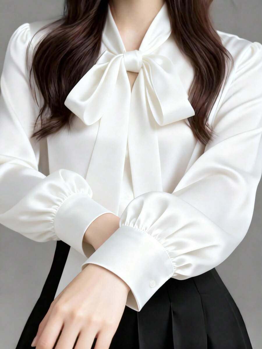 Versailles Satin Bow Tie Neck Long Sleeve Blouse