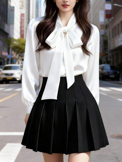 Versailles Satin Bow Tie Neck Long Sleeve Blouse