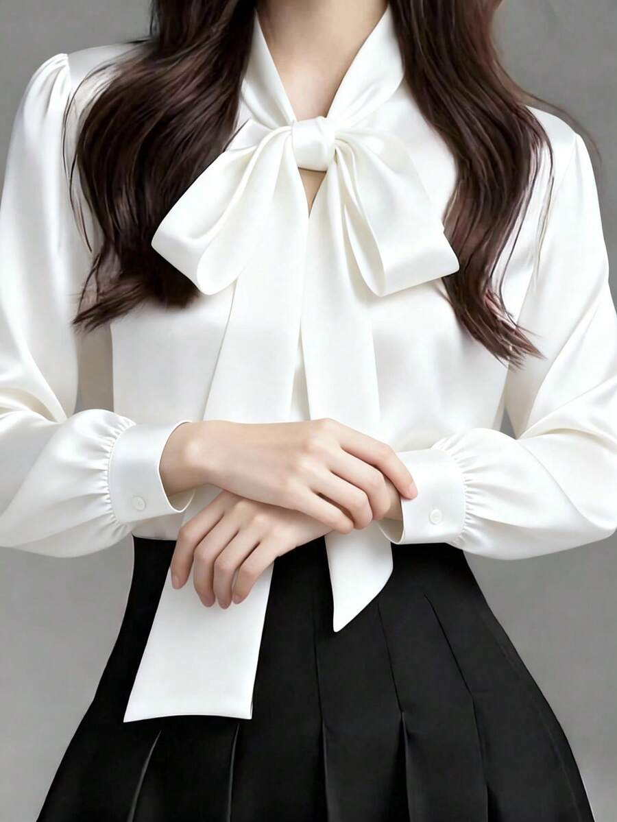 Versailles Satin Bow Tie Neck Long Sleeve Blouse