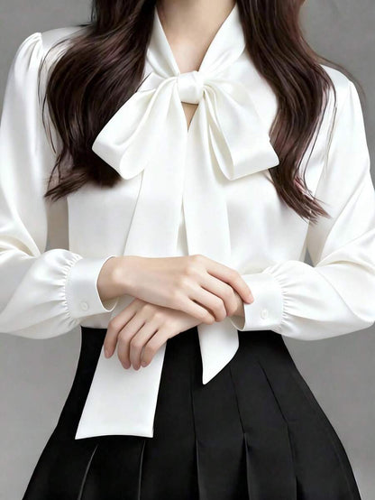 Versailles Satin Bow Tie Neck Long Sleeve Blouse