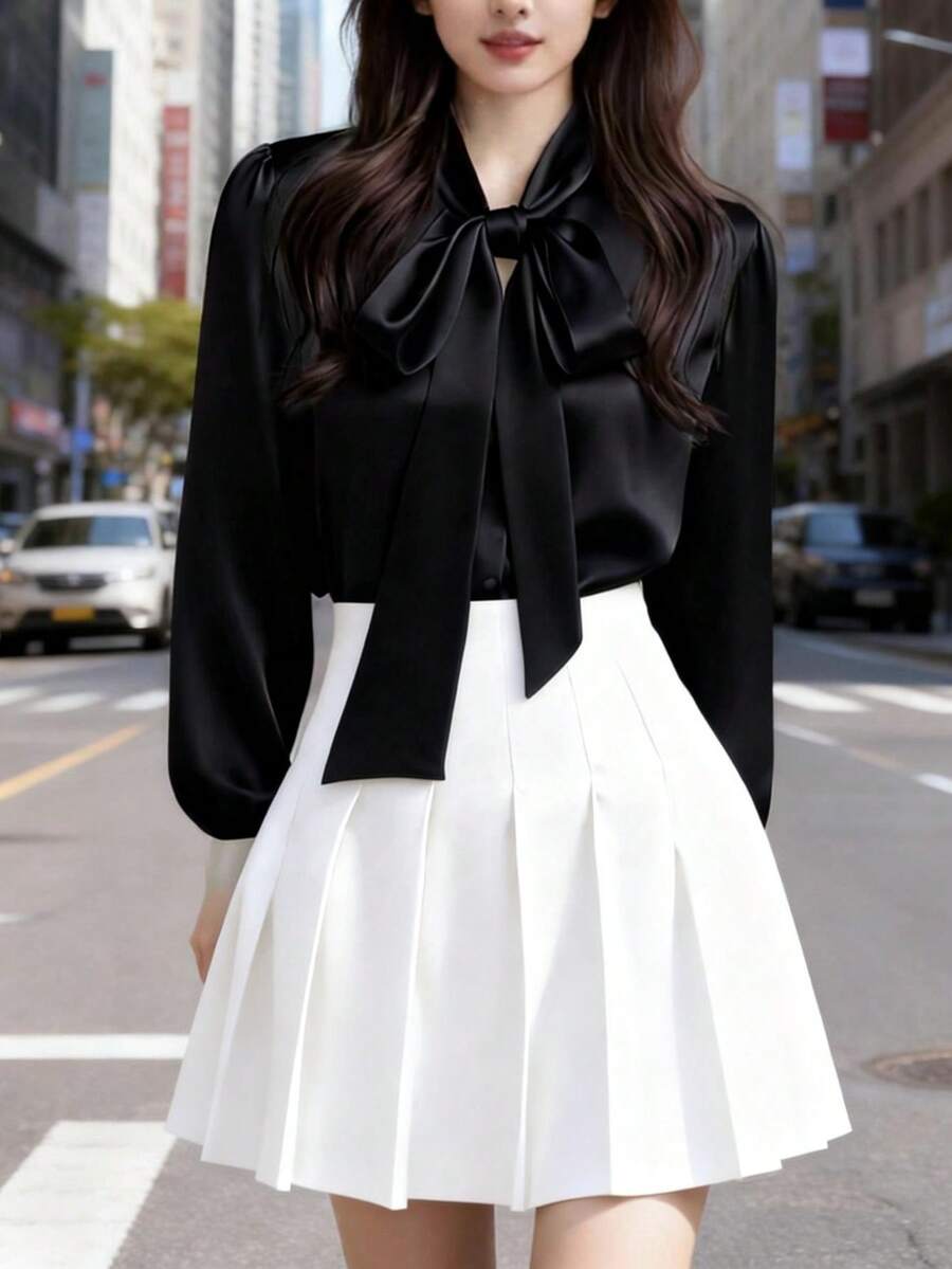 Versailles Satin Bow Tie Neck Long Sleeve Blouse