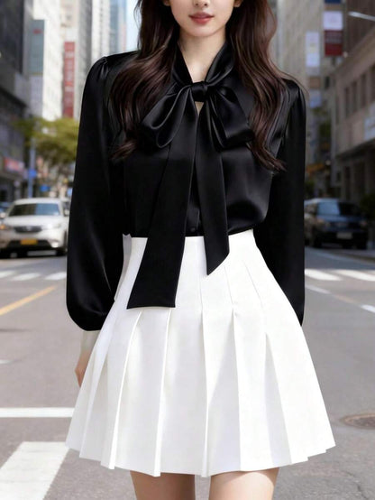 Versailles Satin Bow Tie Neck Long Sleeve Blouse