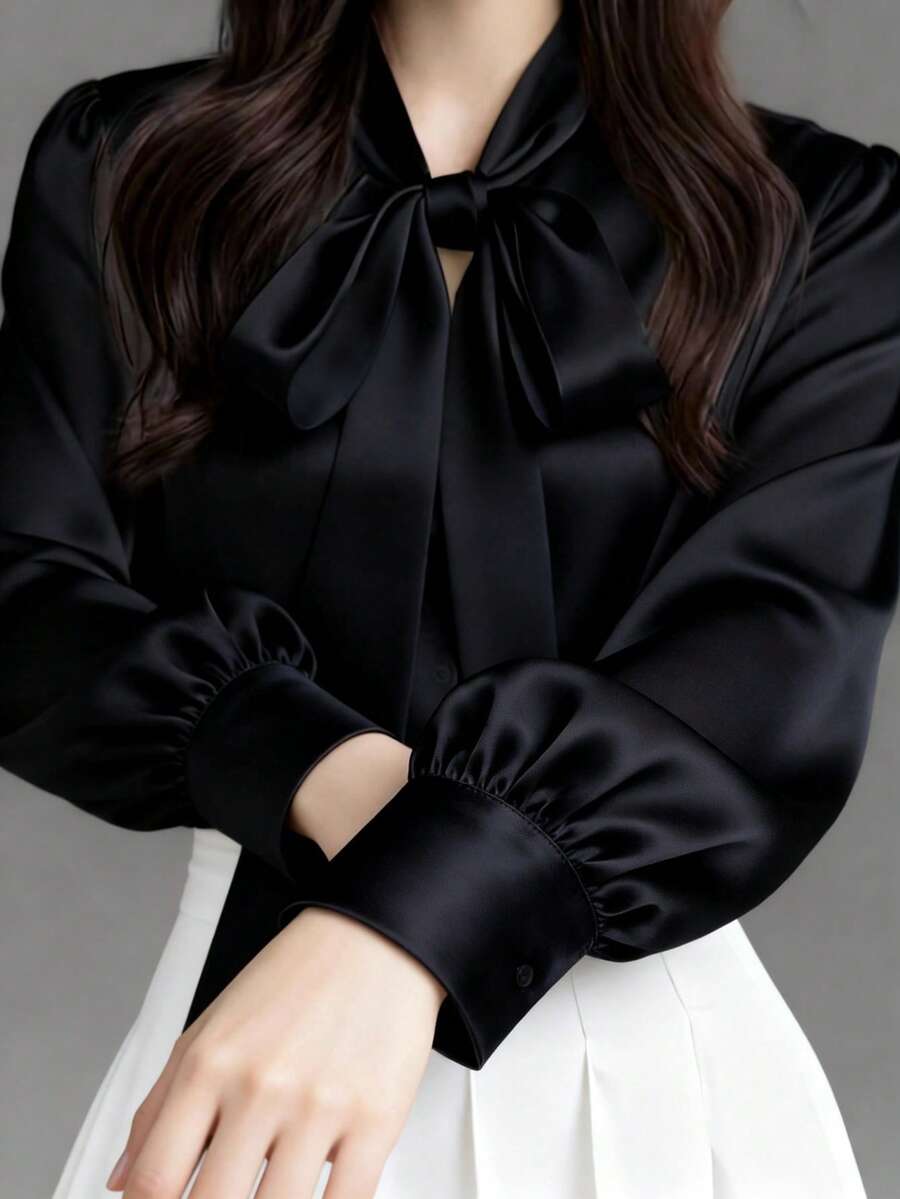 Versailles Satin Bow Tie Neck Long Sleeve Blouse