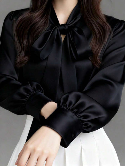 Versailles Satin Bow Tie Neck Long Sleeve Blouse