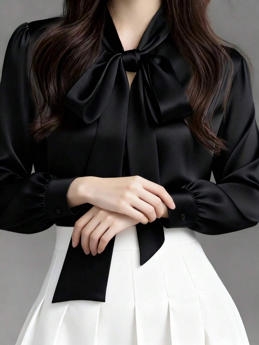 Versailles Satin Bow Tie Neck Long Sleeve Blouse
