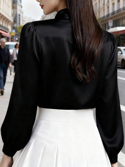 Versailles Satin Bow Tie Neck Long Sleeve Blouse