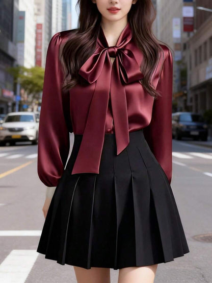 Versailles Satin Bow Tie Neck Long Sleeve Blouse