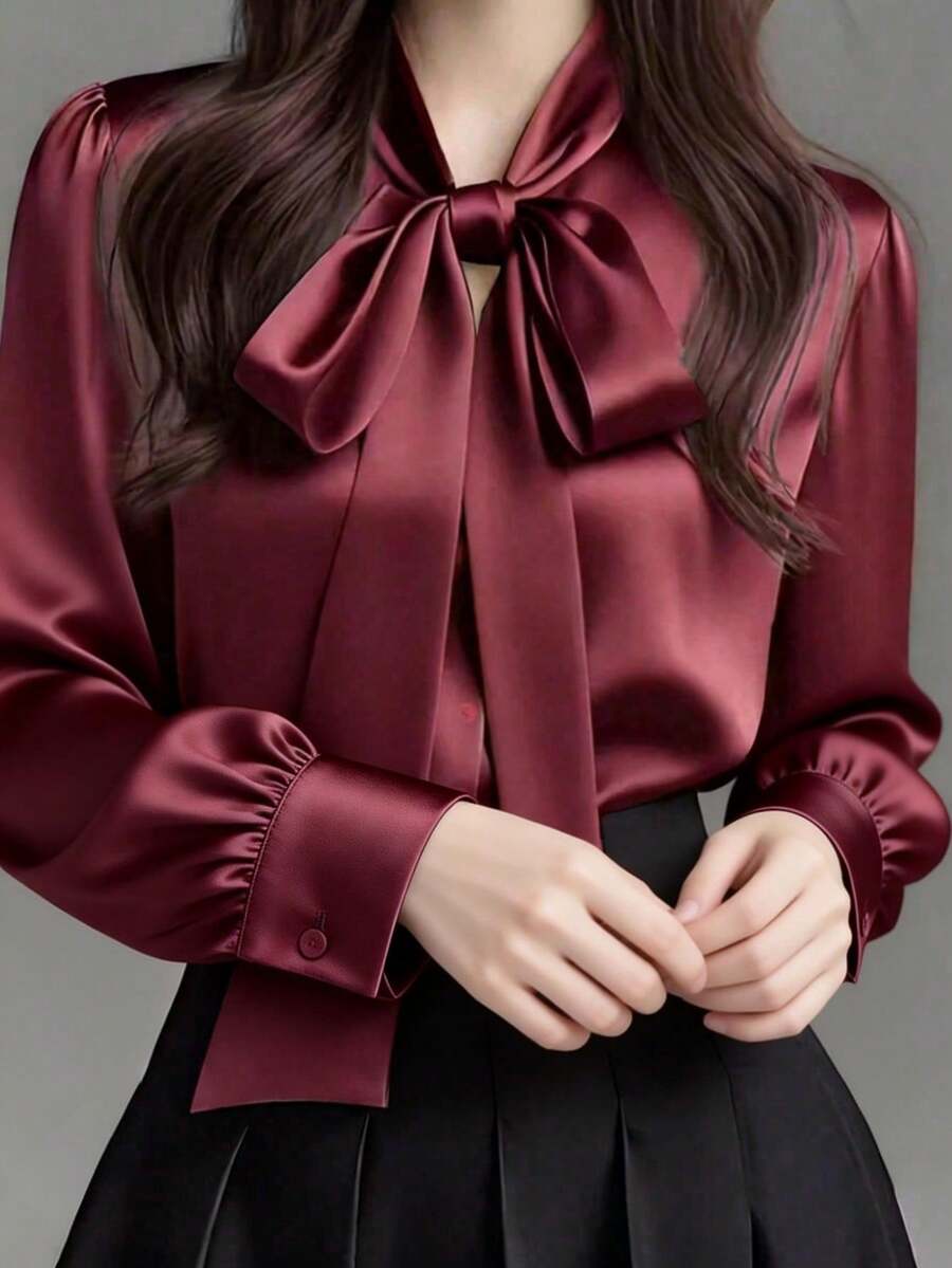 Versailles Satin Bow Tie Neck Long Sleeve Blouse