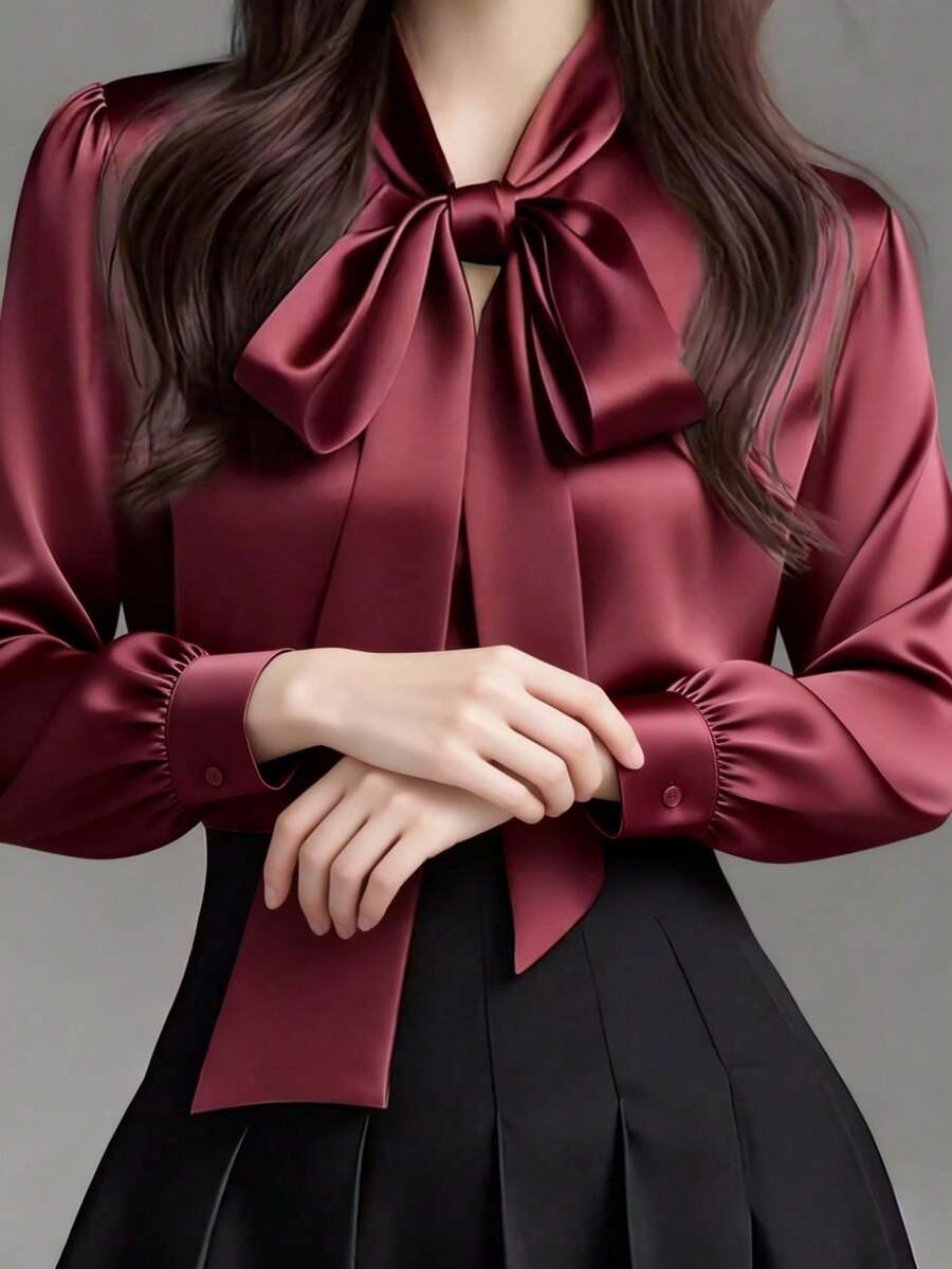 Versailles Satin Bow Tie Neck Long Sleeve Blouse