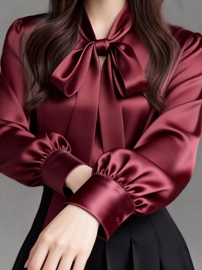 Versailles Satin Bow Tie Neck Long Sleeve Blouse