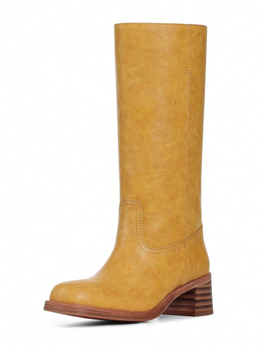 Knee High Boots For Woman Square Toe Fall Wide Calf Pull On Chunky Block Heeled Boots Riding Boots Autumn Casual Comfortable Block Heels For Women Mensa