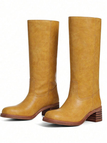 Knee High Boots For Woman Square Toe Fall Wide Calf Pull On Chunky Block Heeled Boots Riding Boots Autumn Casual Comfortable Block Heels For Women Mensa