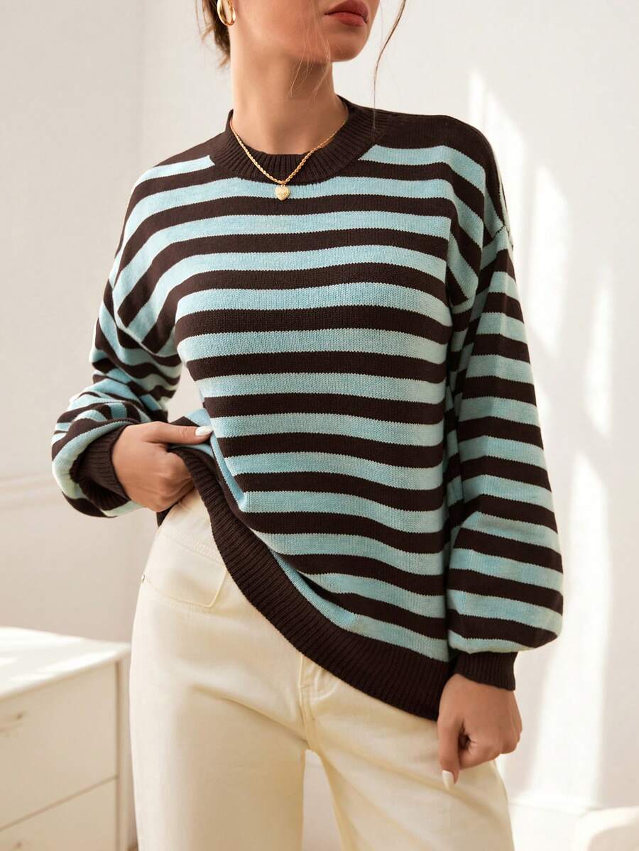 Viola Relaxed Mock Neck Sweater with Drop Shoulders - Brown Aqua Stripe