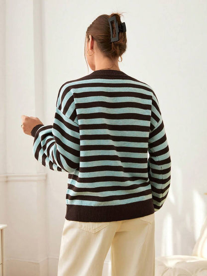 Viola Relaxed Mock Neck Sweater with Drop Shoulders - Brown Aqua Stripe
