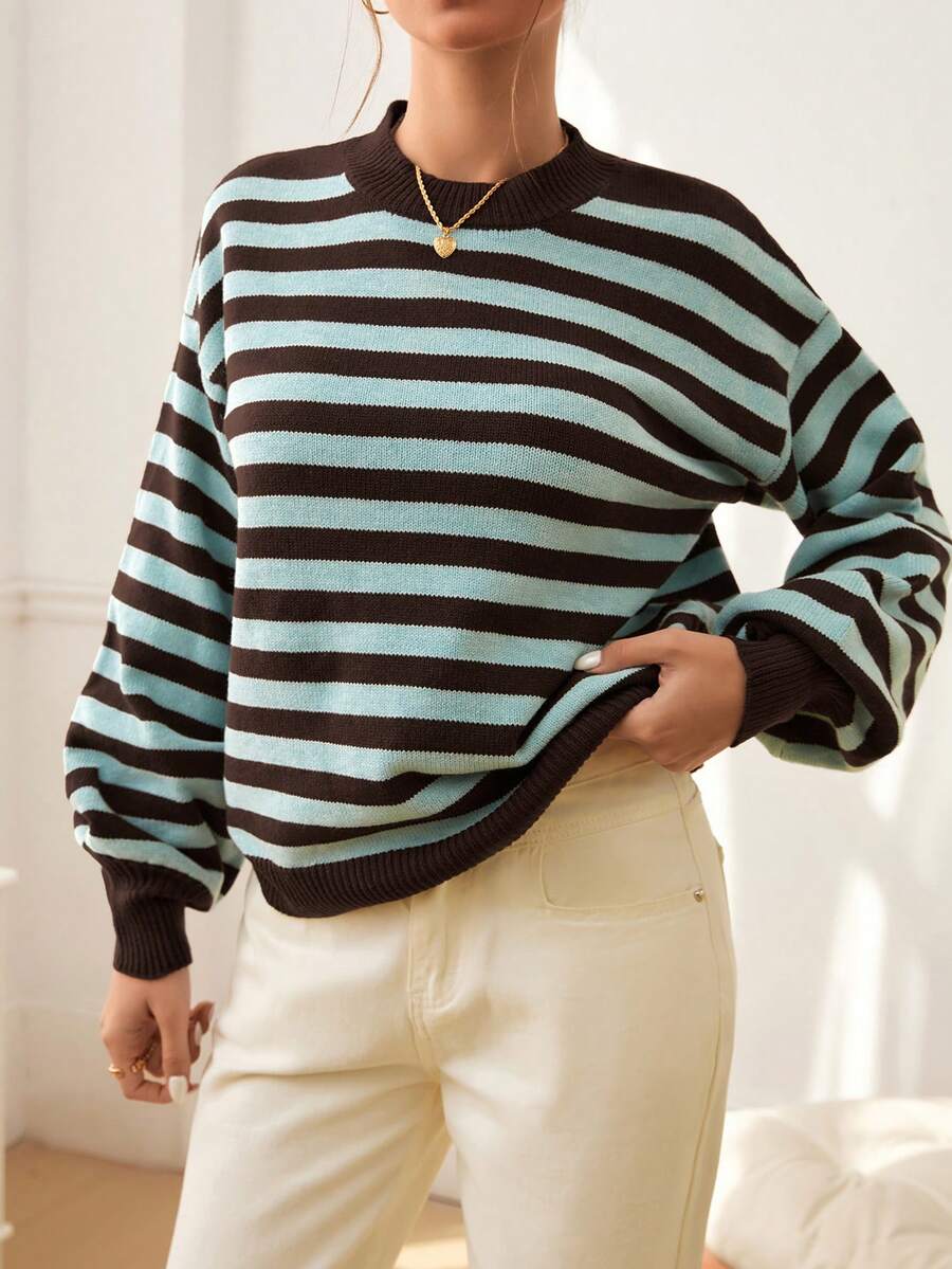 Viola Relaxed Mock Neck Sweater with Drop Shoulders - Brown Aqua Stripe
