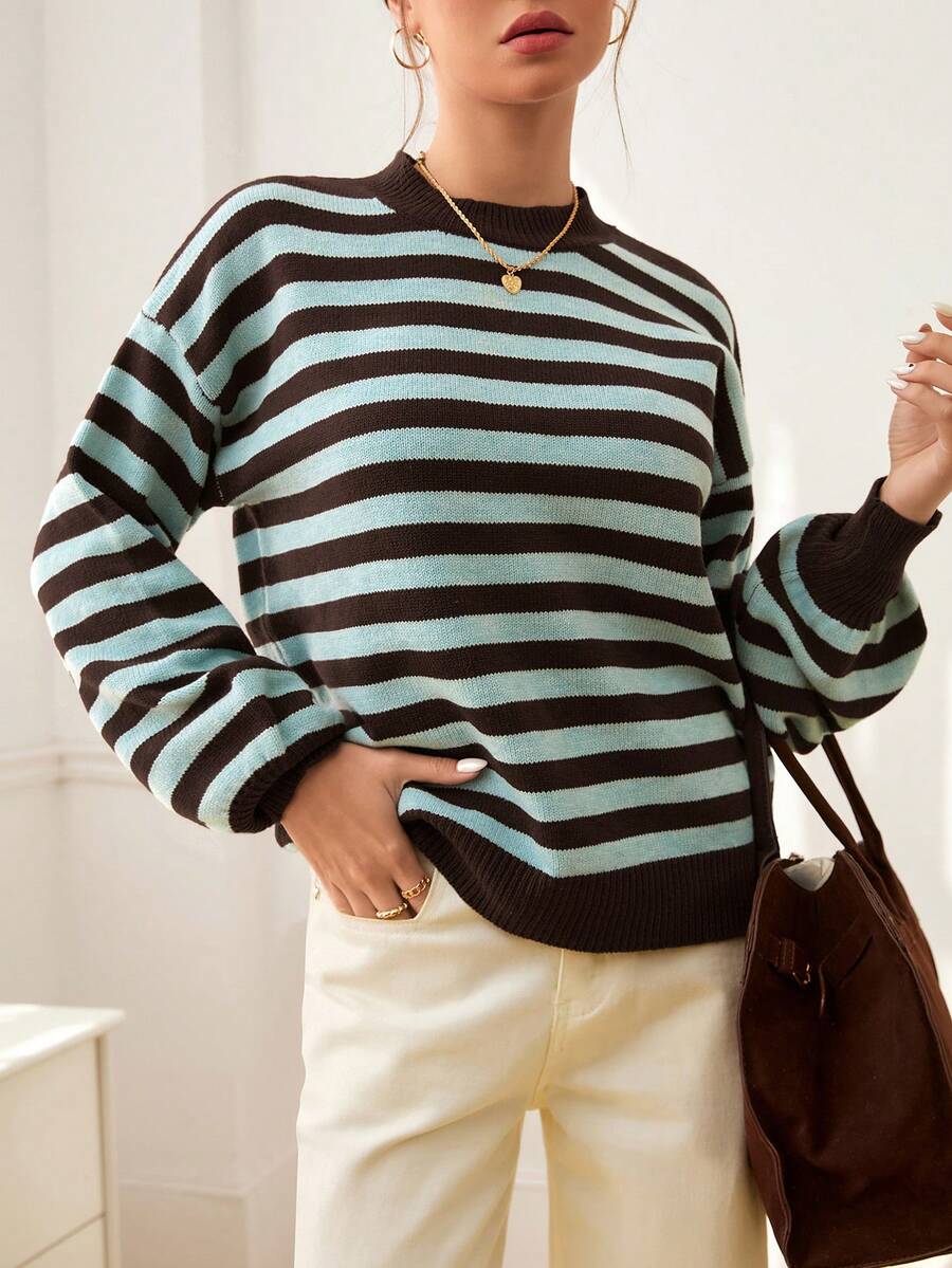 Viola Relaxed Mock Neck Sweater with Drop Shoulders - Brown Aqua Stripe