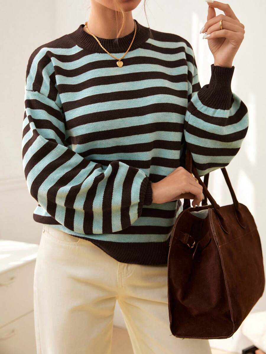 Viola Relaxed Mock Neck Sweater with Drop Shoulders - Brown Aqua Stripe