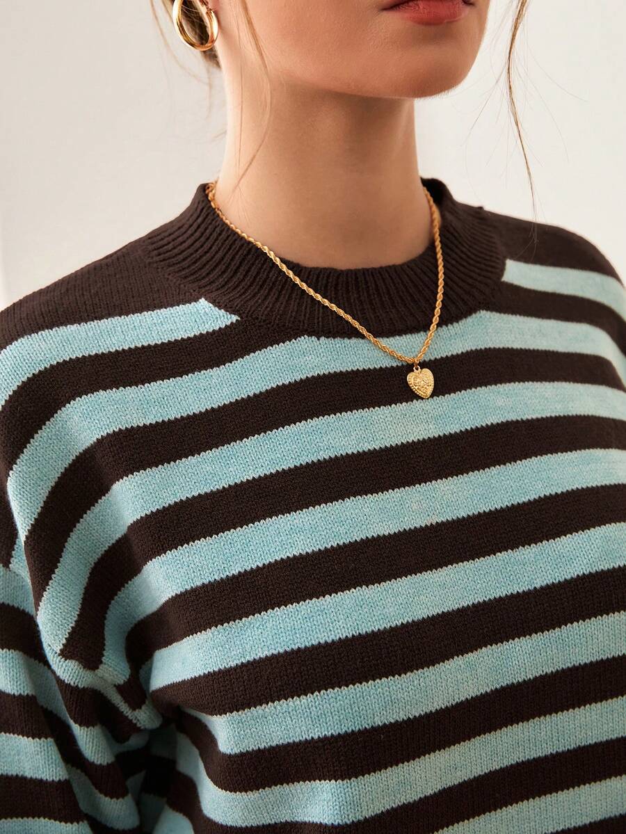 Viola Relaxed Mock Neck Sweater with Drop Shoulders - Brown Aqua Stripe